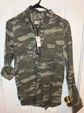Express Green and Olive Camo Button-Up Shirt